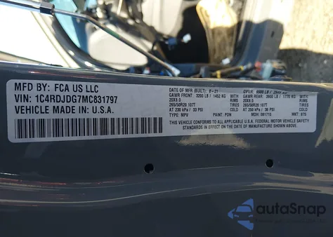 2021 Dodge Durango Gt Plus Awd z USA, uszkodzony, nr VIN 1C4RDJDG7MC831797